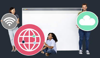 Sticker - People holding icons related to the theme of internet and connection