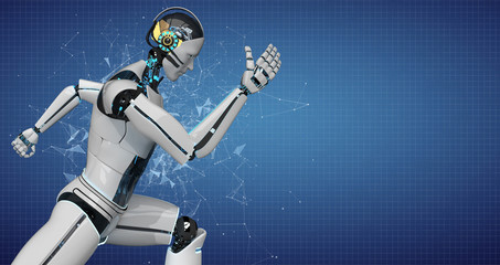 Wall Mural - A running white robot on the blue background with a network. 3d illustration.