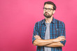 © denis_vermenko - Young man with emotions on his face with a beard on a pink background, logo, copy space.