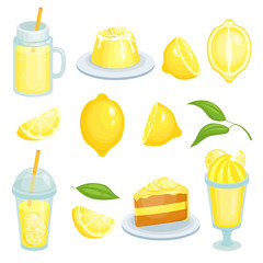 Wall Mural - Lemon food. Cakes, lemonade and others yellow foods with lemons ingredient. Vector illustrations in cartoon style, fresh food with lemon, pie and juicy