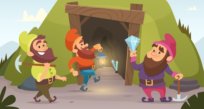 Dwarves in the mine. Vector characters of dwarves which mine golden rocks. Illustration of dwarf miner, gnome with pick