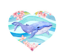 Heart With Cute Whale, Flowers, Sea Waves. Watercolor For Whale Day