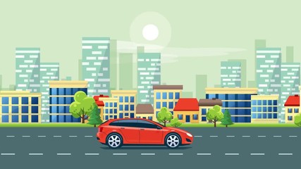 Wall Mural - Simple motion loopable 4K flat cartoon animation of car on the road in urban city landscape with moving skyline skyscrapers and office buildings in backround. Traffic in town on the street. 