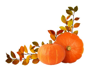 Two orange pumpkins and autumn twigs with colorful leaves in corner arrangement