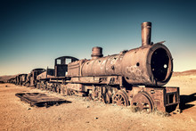Old Rusty Locomotive Abandoned In The Train Cemetery Of Uyuni, Bolivia