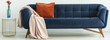 © Photographee.eu - Panorama of flowers on gold table next to blue couch with blanket and cushion in white interior. Real photo