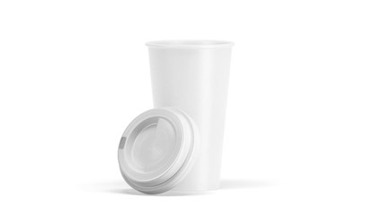Fototapete - Blank white disposable opened large cup mock up, isolated, looped rotation, clipping mask, 3d rendering. Empty polystyrene coffee drinking mug mockup front view. Clear plain tea take away turning.