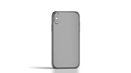 Wall Mural - Blank black phone with glossy case rotation, isolated, 3d rendering. Empty smartphone in satined cover half-turning, back side view