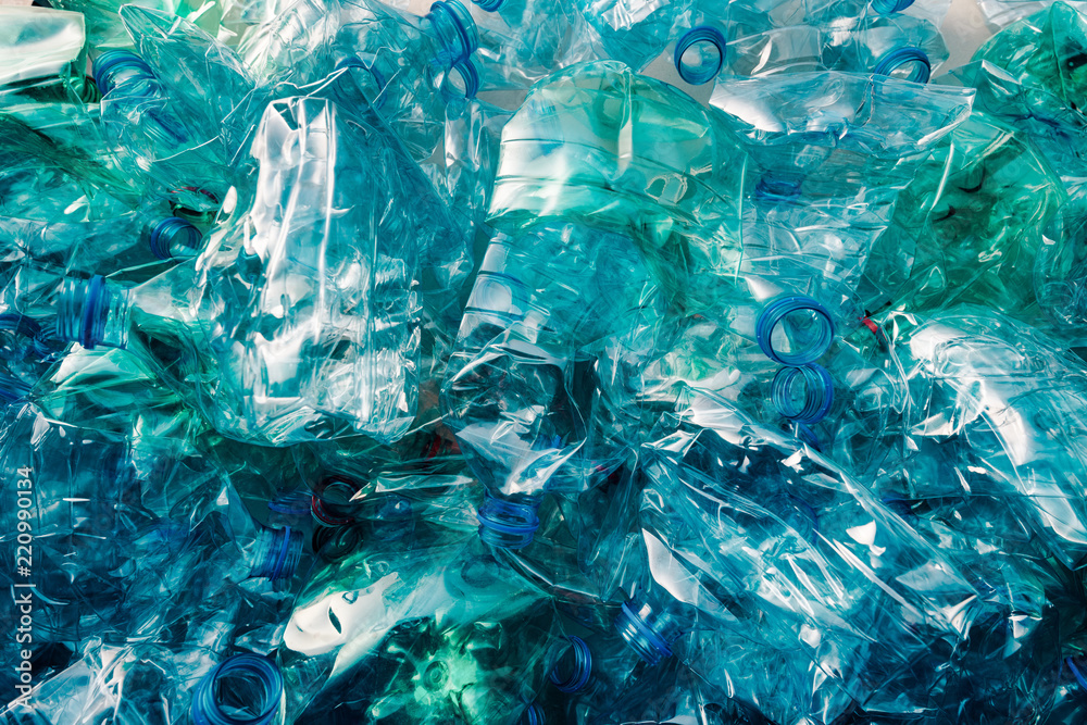 Crushed plastic bottles heap - obrazy, fototapety, plakaty 