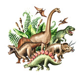 Group of dinosaurs with prehistoric plants. Watercolor hand drawn illustration, isolated on white background