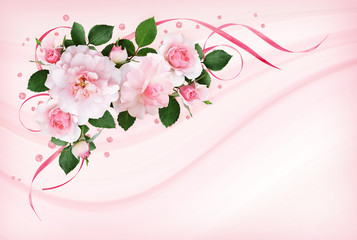 Wall Mural - Pink rose flowers, satin ribbons and glitter confetti in a floral corner arrangement