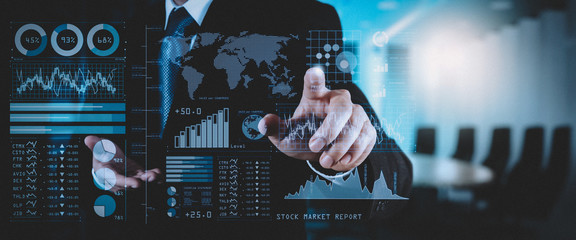 Aufkleber - Investor analyzing stock market report and financial dashboard with business intelligence (BI), with key performance indicators (KPI).businessman hand working 