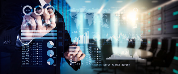 Aufkleber - Investor analyzing stock market report and financial dashboard with business intelligence (BI), with key performance indicators (KPI).businessman hand working with finances 