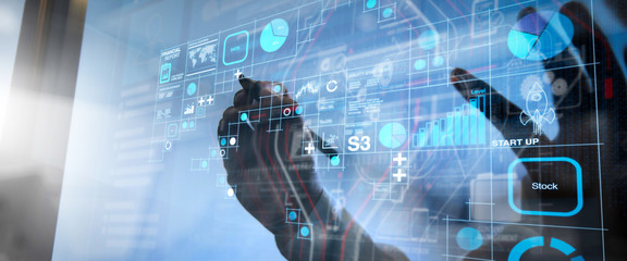 Poster - Financial report data of business operations (balance sheet and income statement and diagram) as Fintech concept.businessman hand working with modern technology and digital layer 