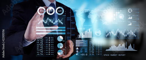 Cuadros en Lienzo Investor analyzing stock market report and financial dashboard with business intelligence (BI), with key performance indicators (KPI)