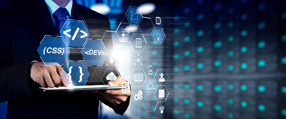Fototapete - Financial technology flowchart and basic income mining cryptocurrency with blockchain startup unicorn crypto money virtual diagram.StartUp Programming Team. Website designer working 