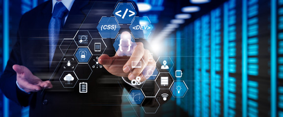 Poster - Financial technology flowchart and basic income mining cryptocurrency with blockchain startup unicorn crypto money virtual diagram.StartUp Programming Team. Website designer working 