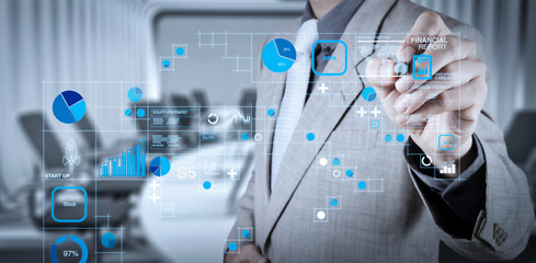 Poster - Financial report data of business operations (balance sheet and income statement and diagram) as Fintech concept.businessman working with modern computer