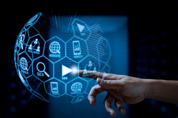 Poster - Digital marketing media (website ad, email, social network, SEO, video, mobile app) in virtual globe shape diagram.businessman hand  working with touch screen in action
