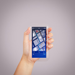 Poster - Close up of Tourist using GPS map navigation on smartphone application screen for direction to destination address in the city with travel and technology concept.