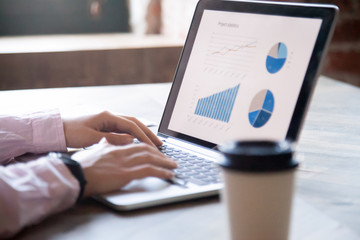 Close up of womans  hands working on laptop. Graph, chart and diagram on PC screen. Statistics of sales, market research concept