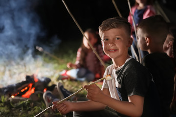 Wall Mural - little boy with marshmallow near bonfire at night. summer camp