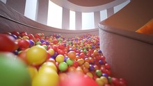 Countless colorful balls falling down contemporary orange spiral stairs. 4K HD
