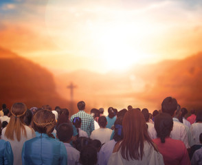 Wall Mural - praise and worship concept:silhouette of christian prayers raising hand while praying to the jesus