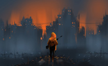 A Warrior Standing On Many Ruins Against War And Building Burning, Digital Illustration Art Painting Design Style.