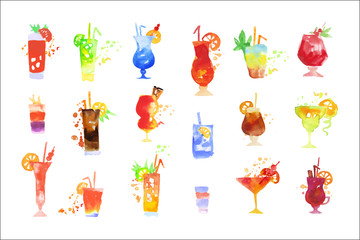 Sticker - Cocktails set, summer drinks watercolor vector Illustrations