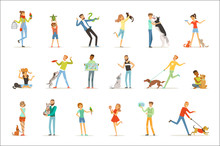 Happy People Having Fun With Pets, Man, Women And Kids Training And Playing With Their Pets Vector Illustrations