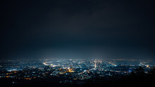 Aerial View, Night City View With Night Sky.  Natural Winter Night View In Thailand