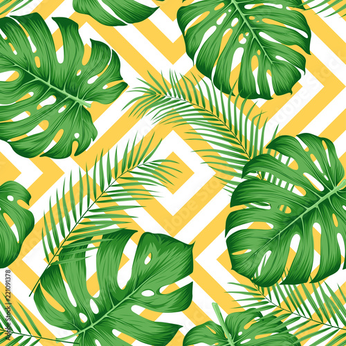 Exotic pattern with tropical leaves on a geometric background with yellow rho...