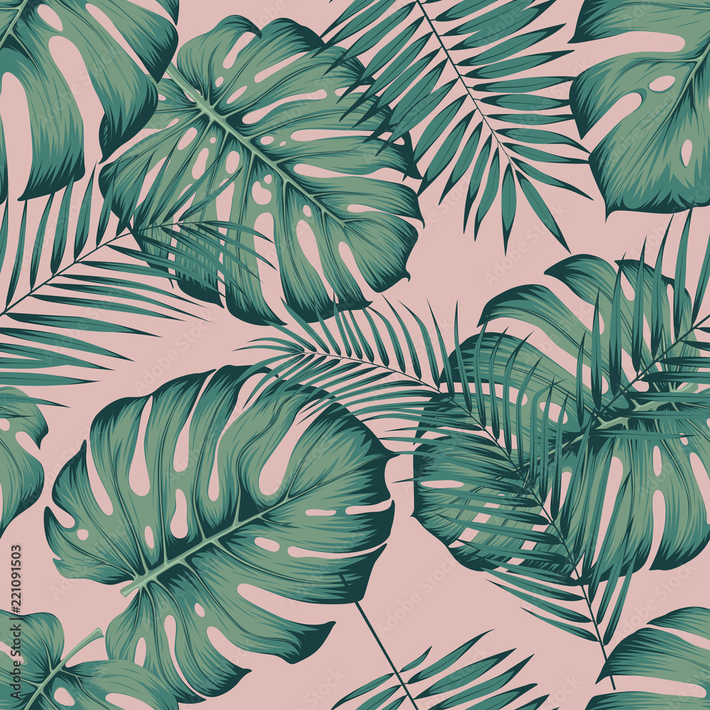 Seamless tropical pattern with leaves monstera and areca palm leaf on a pink background - obrazy, fototapety, plakaty 