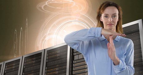 Poster - Woman with computer servers and technology information interface