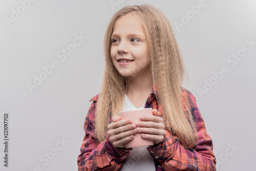 Cute Girl Cute Little Blonde Haired Girl Holding Pink Cup With