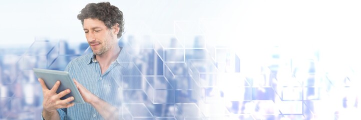 Poster - man using tablet with geometric transitions