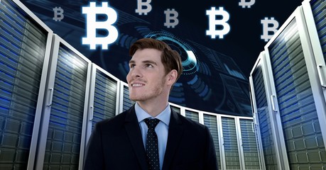 Poster - Man with computer servers and bitcoin technology information