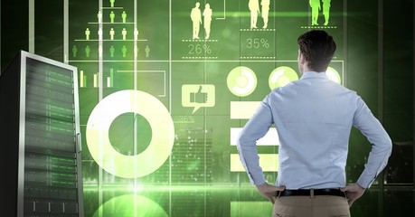 Poster - Man with computer servers and technology information interface