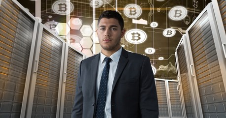 Poster - Man with computer servers and bitcoin technology information