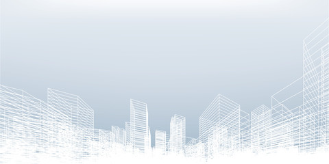 Wall Mural - Abstract wireframe city background. Perspective 3D render of building wireframe. Vector.