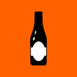 Vector illustration of wide beer bottle in black color with white square labels on orange background
