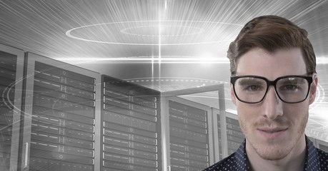 Poster - Man with computer servers and technology information interface