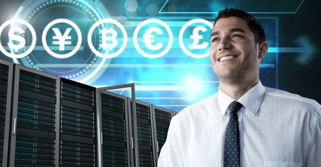 Poster - Man with computer servers and bitcoin technology information