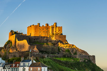 Mount Orgueil Castle (Gorey Castle, built 1204 - 1450), overlooking Grouville Bay in the small town of Gorey, Jersey, Channel Islands, United kingdom.