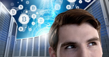 Poster - Man with computer servers and bitcoin technology information