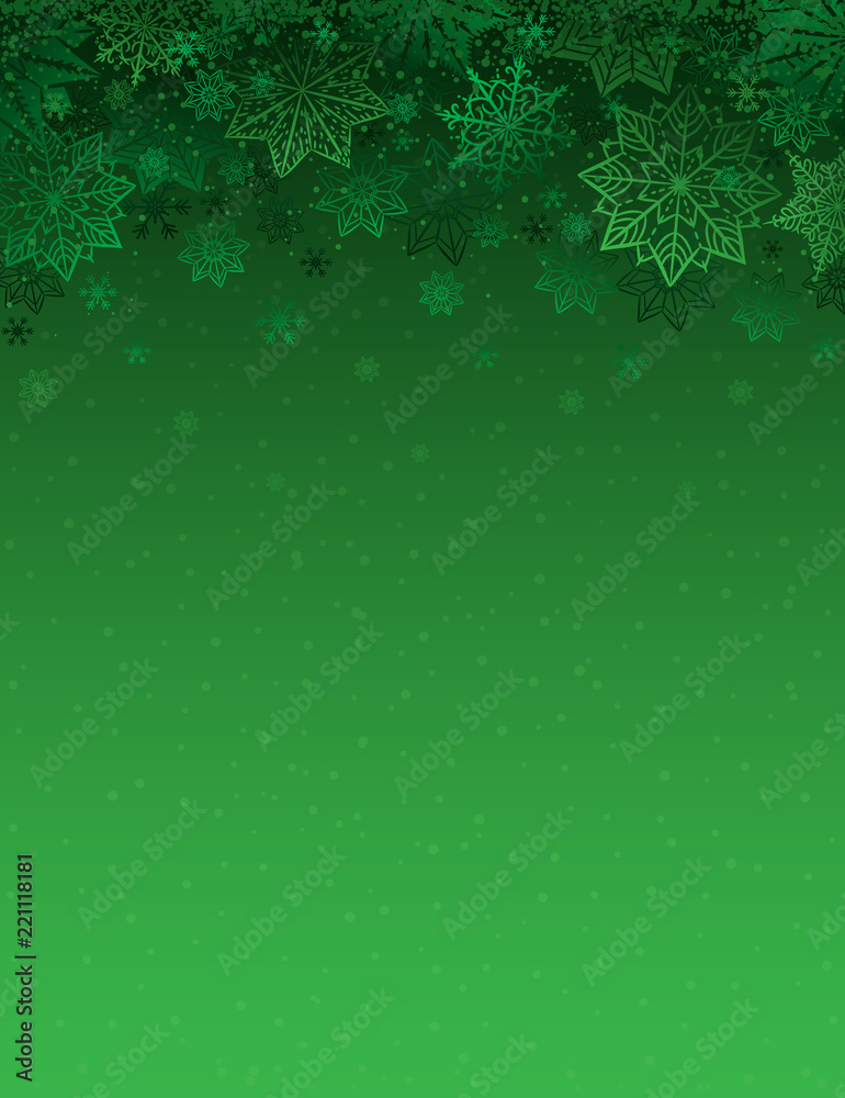 Green christmas background with snowflakes and stars, vector ...