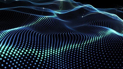 Poster - Abstract futuristic data cloud and artificial intelligence concept. Light impulses traveling along waving particles. Depth of field settings. 3D rendering.
