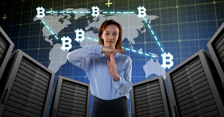 Poster - Woman with computer servers and bitcoin technology information