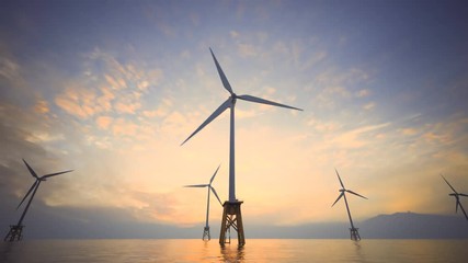 Wall Mural - Offshore wind turbines spinning around at the sun setting background. Closeup